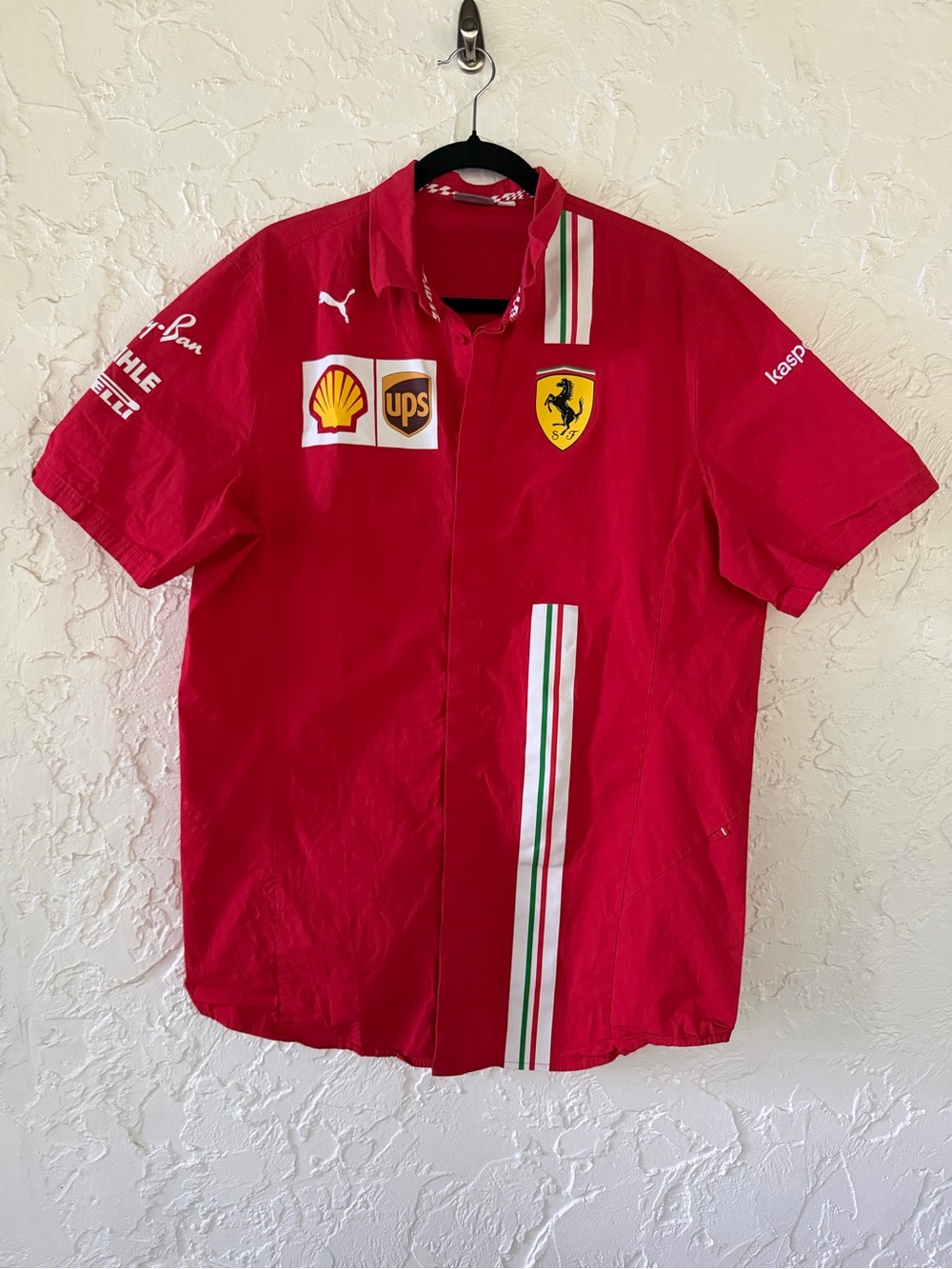 Puma Ferrari Red Short-Sleeve Button Down Shirt with Italian Stripe